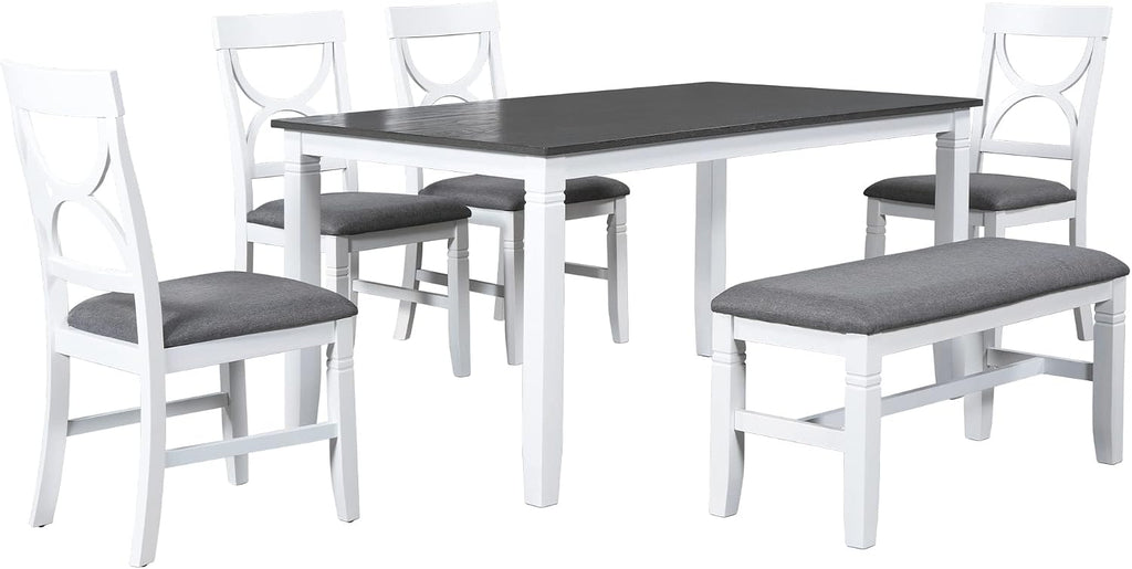 LUMISOL Farmhouse Dining Table Set for 6, Farmhouse Kitchen Table Set with 4 Upholstered Chairs and Long Bench for Kitchen, Dining Room, Grey+White