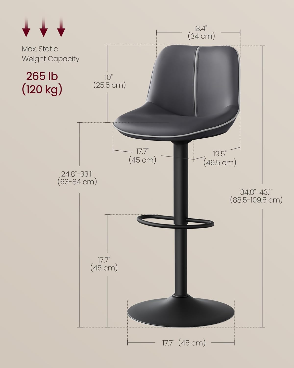 VASAGLE Bar Stools Set of 4, Swivel, Adjustable Height, Spliced Design