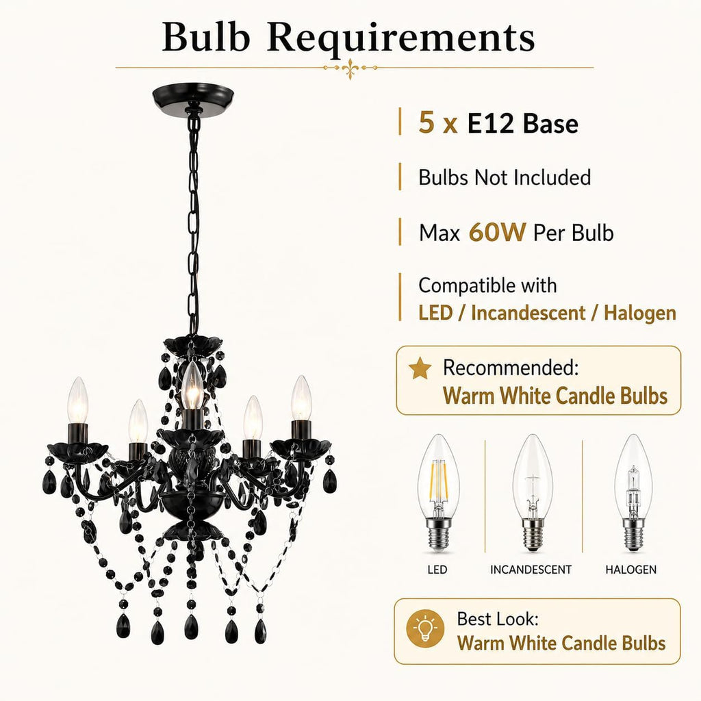 Small Black Crystal Chandelier, 5-Light for Bedroom