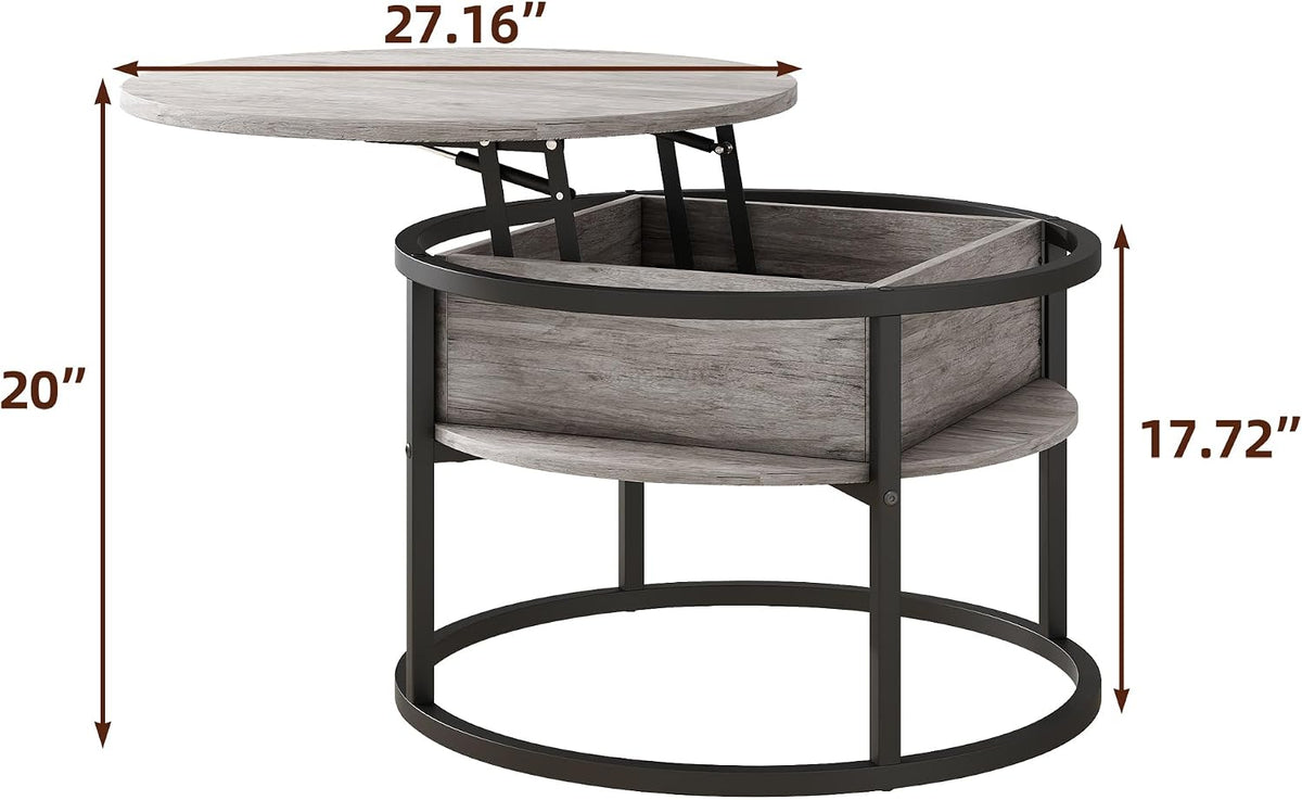 HOJINLINERO Round Coffee Table with Storage,Lift Top Coffee Table for Living Room Reception Room,2 Tier Small Round Table Dining Center,Grey