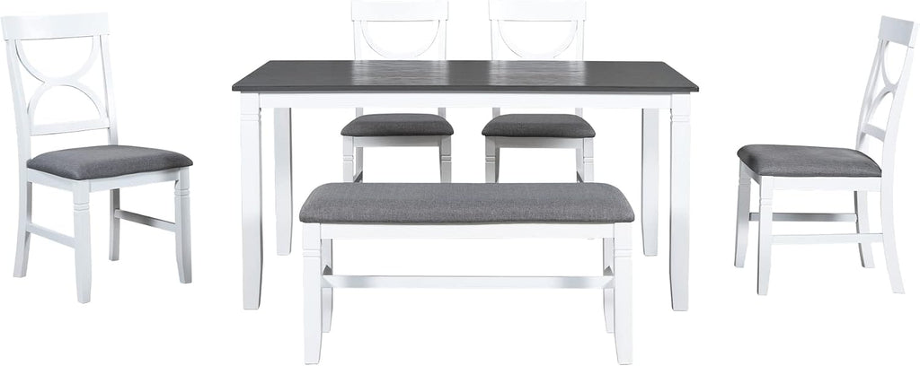LUMISOL Farmhouse Dining Table Set for 6, Farmhouse Kitchen Table Set with 4 Upholstered Chairs and Long Bench for Kitchen, Dining Room, Grey+White