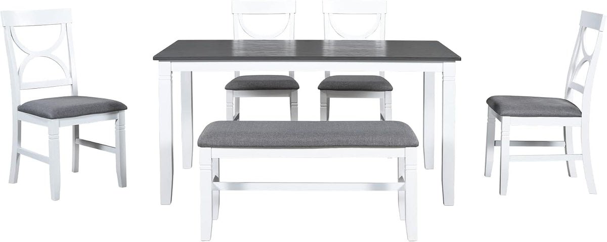 LUMISOL Farmhouse Dining Table Set for 6, Farmhouse Kitchen Table Set with 4 Upholstered Chairs and Long Bench for Kitchen, Dining Room, Grey+White