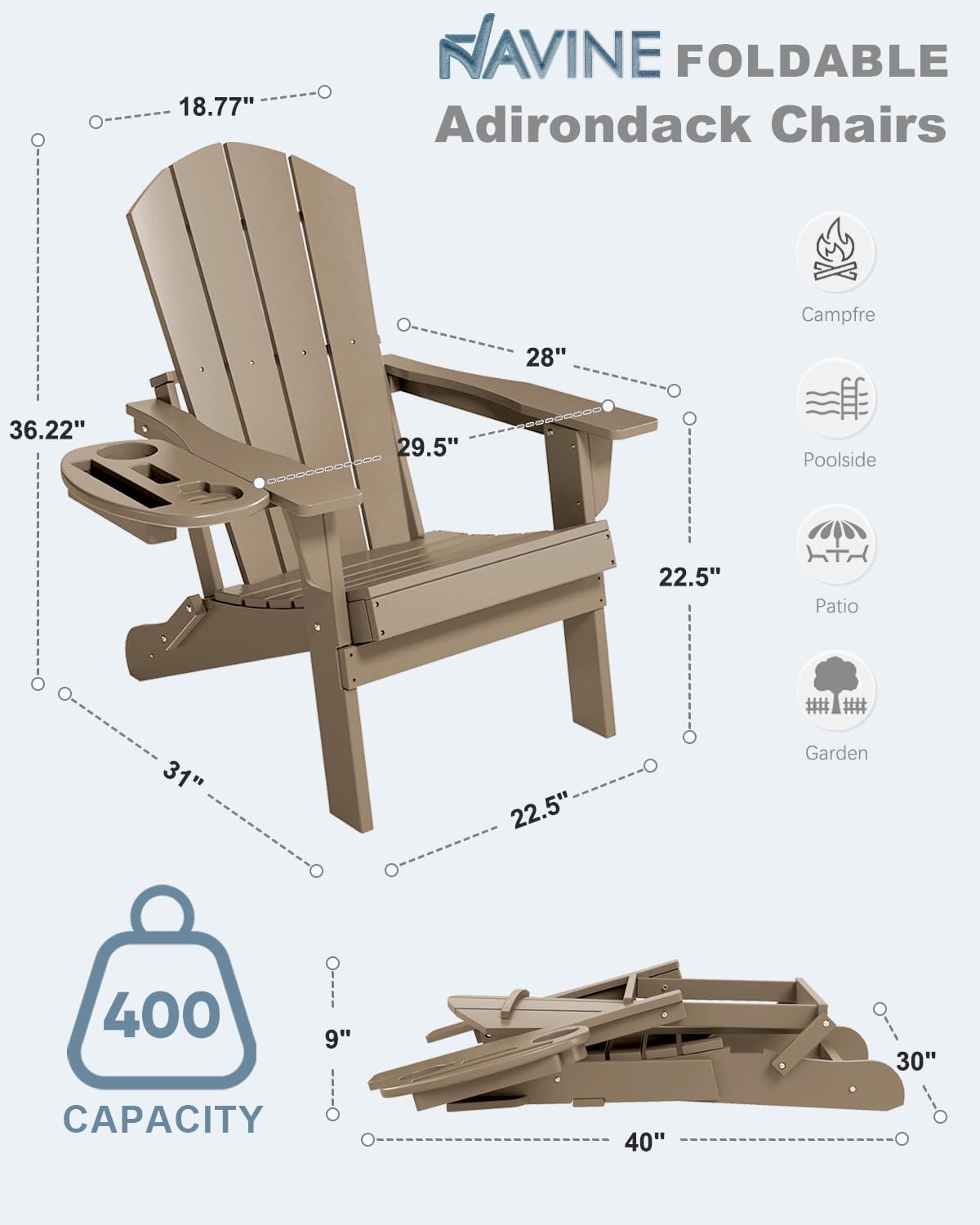 NAVINE Folding Adirondack Chairs Set of 4 with 4-in-1 Cup Holder, Brown