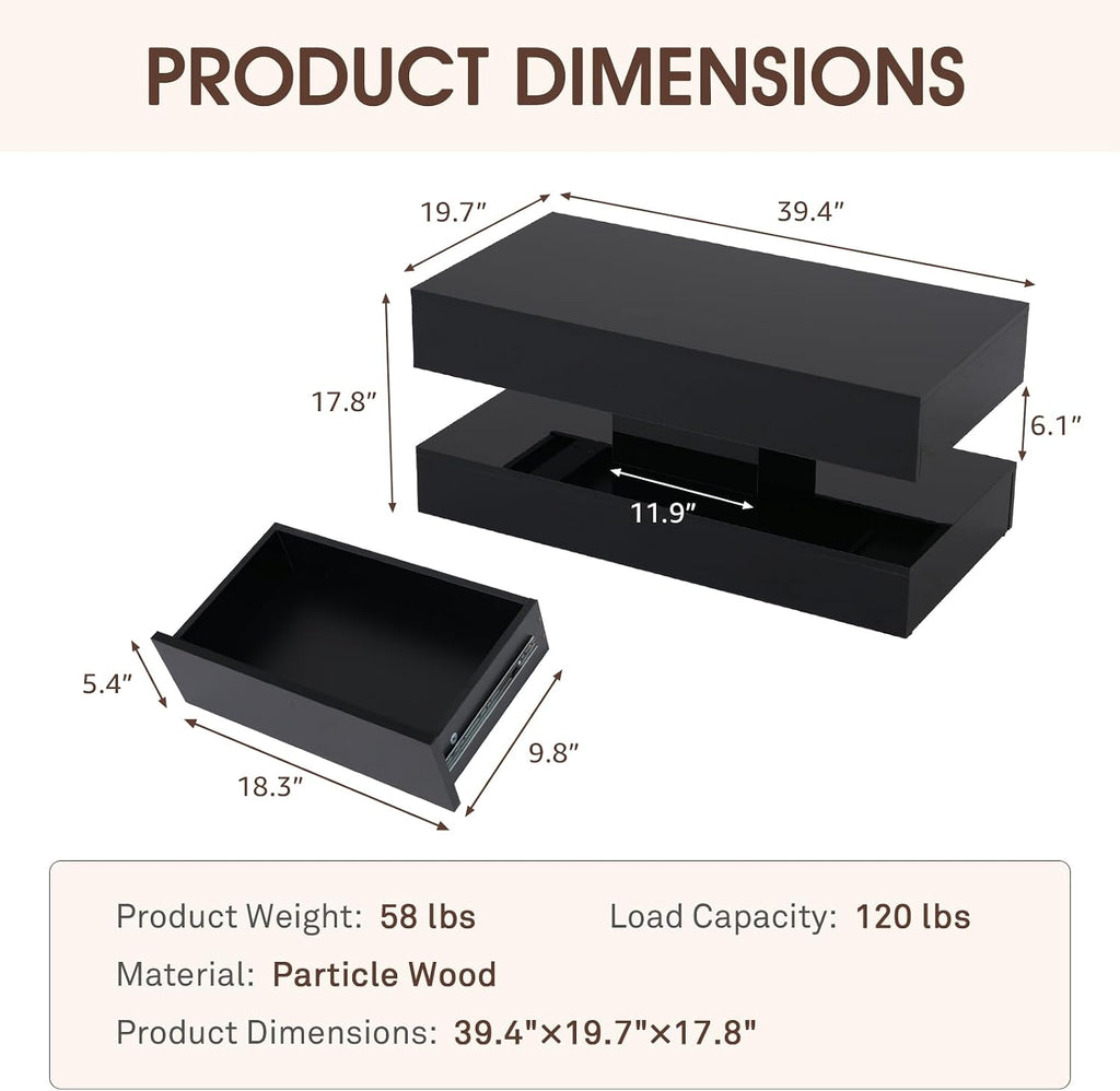 OC Orange-Casual Modern High Gloss LED Coffee Table, 2-Tier Center Table