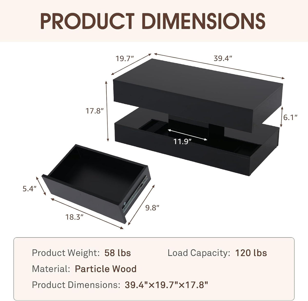 OC Orange-Casual Modern High Gloss LED Coffee Table, 2-Tier Center Table