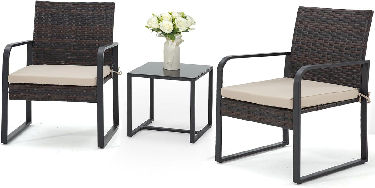 Bezseller 3-Piece Patio Furniture Set, Wicker Bistro Set, Brown