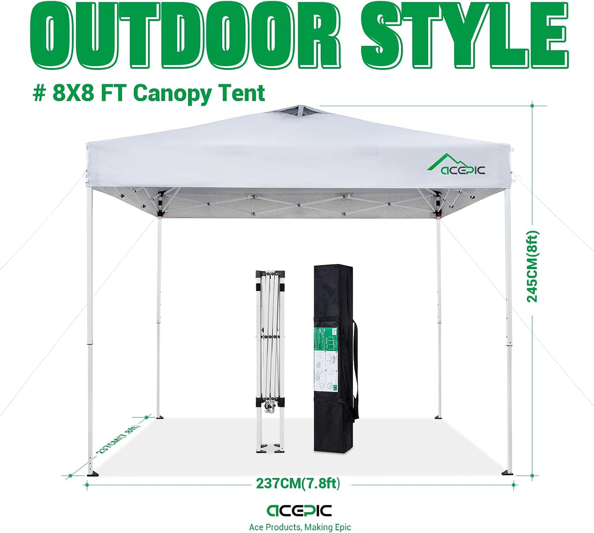 Acepic 8x8 Pop Up Canopy Tent, Vented Top Portable Shelter, White, 8 * 8
