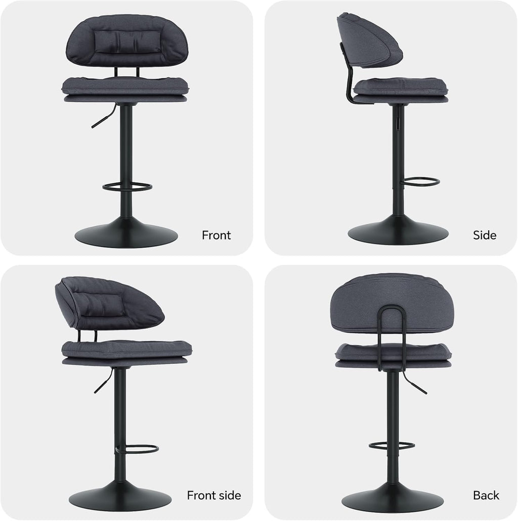 Nalupatio Modern Bar Stools Set of 2, Spacious Ergonomic Double-Layer Cushion Upholstered Swivel Bar Stools with Backrest, Adjustable for Kitchen Island,（Charcoal Black）