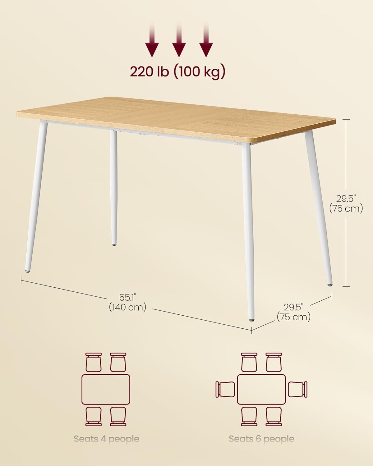 VASAGLE 55.1" Dining Table for 4-6 People, Modern Kitchen Table
