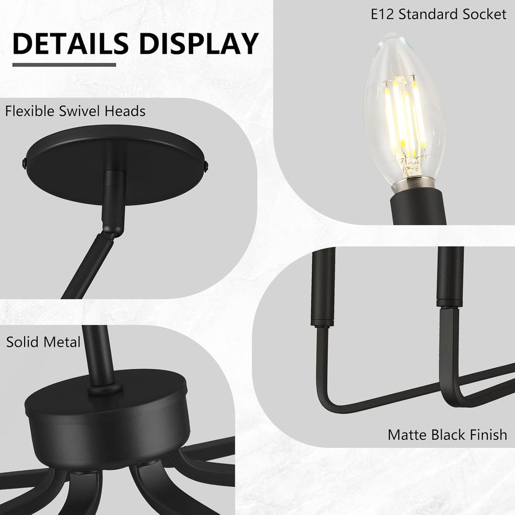 6-Light 26" Farmhouse Black Candle Chandelier for Dining Room