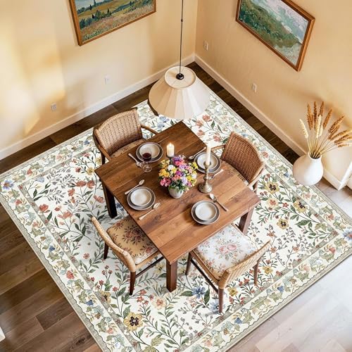 6x6 Washable Area Rug Living Room: Floral Non-Slip Washable Mat for Indoor Floor Dining Room Bedroom High Traffic Area - Soft Low Pile Carpet for Vintage Boho Home Decor (6ft Square, Beige)
