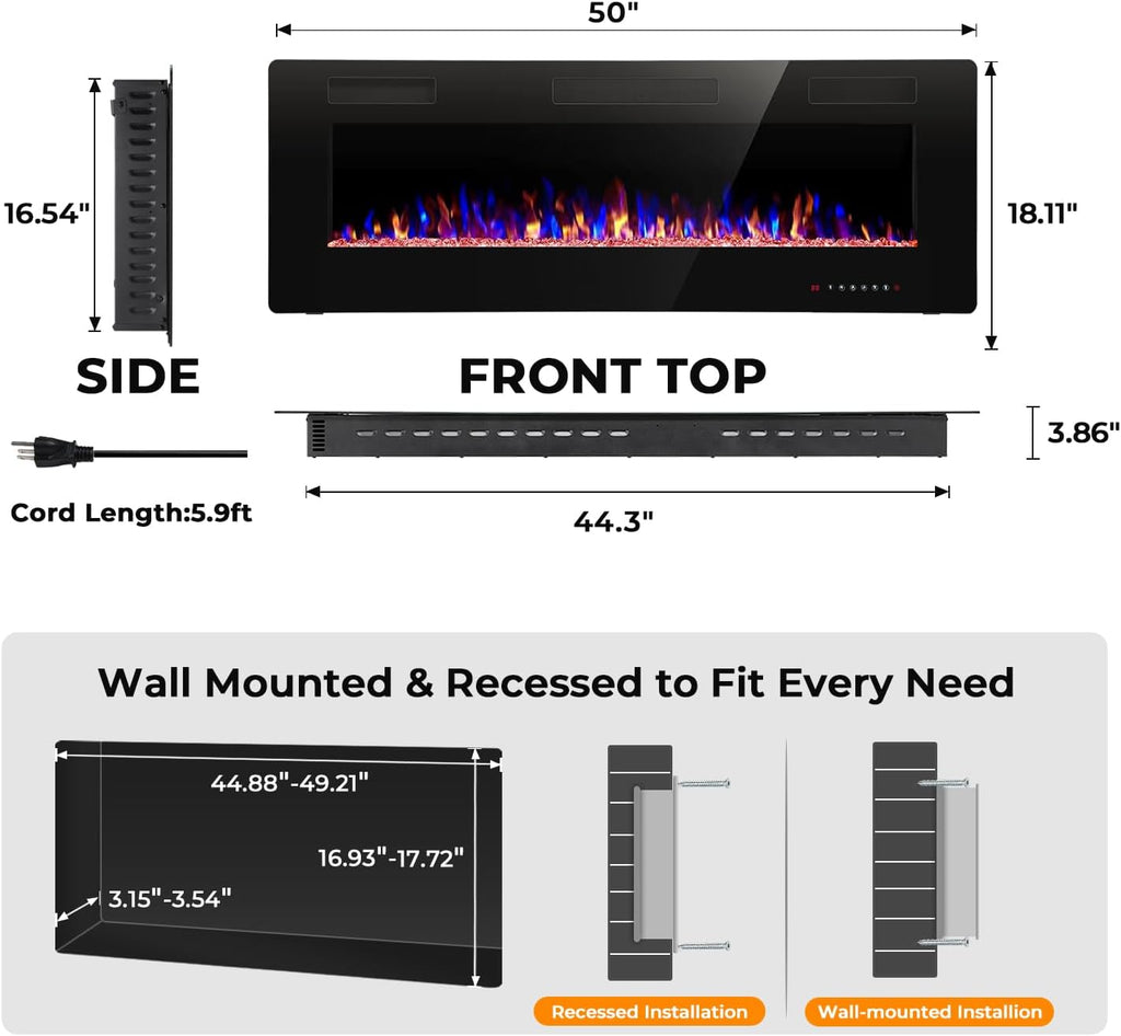 50" Electric Fireplace Recessed and Wall Mounted, 750/1500W Ultra-Thin Electric Fireplace Heater with Adjustable Flame Color and Brightness, Low Noise, Linear Fireplace for Living Room
