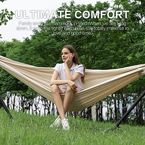 PNAEUT Double Hammock with Stand for Outside, Heavy-Duty, Portable (Beige)