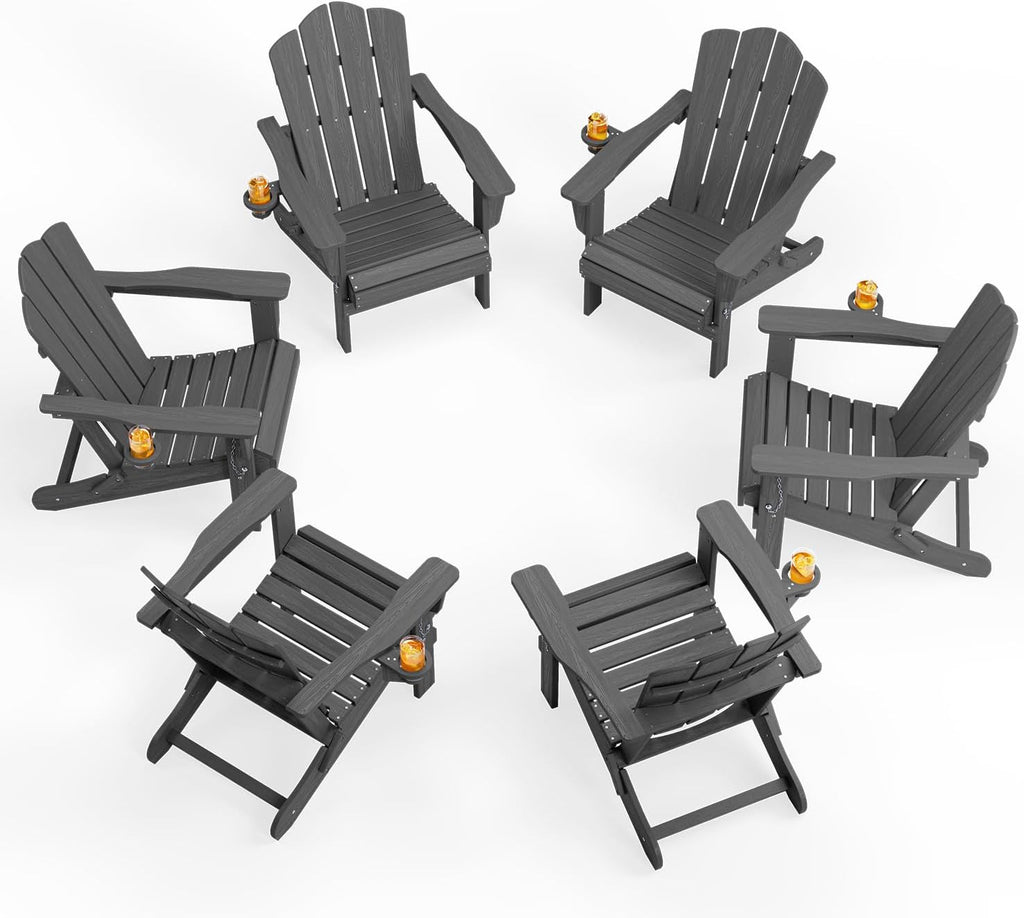 KINGYES Folding Adirondack Chair Set of 6 with Cup Holder, Grey