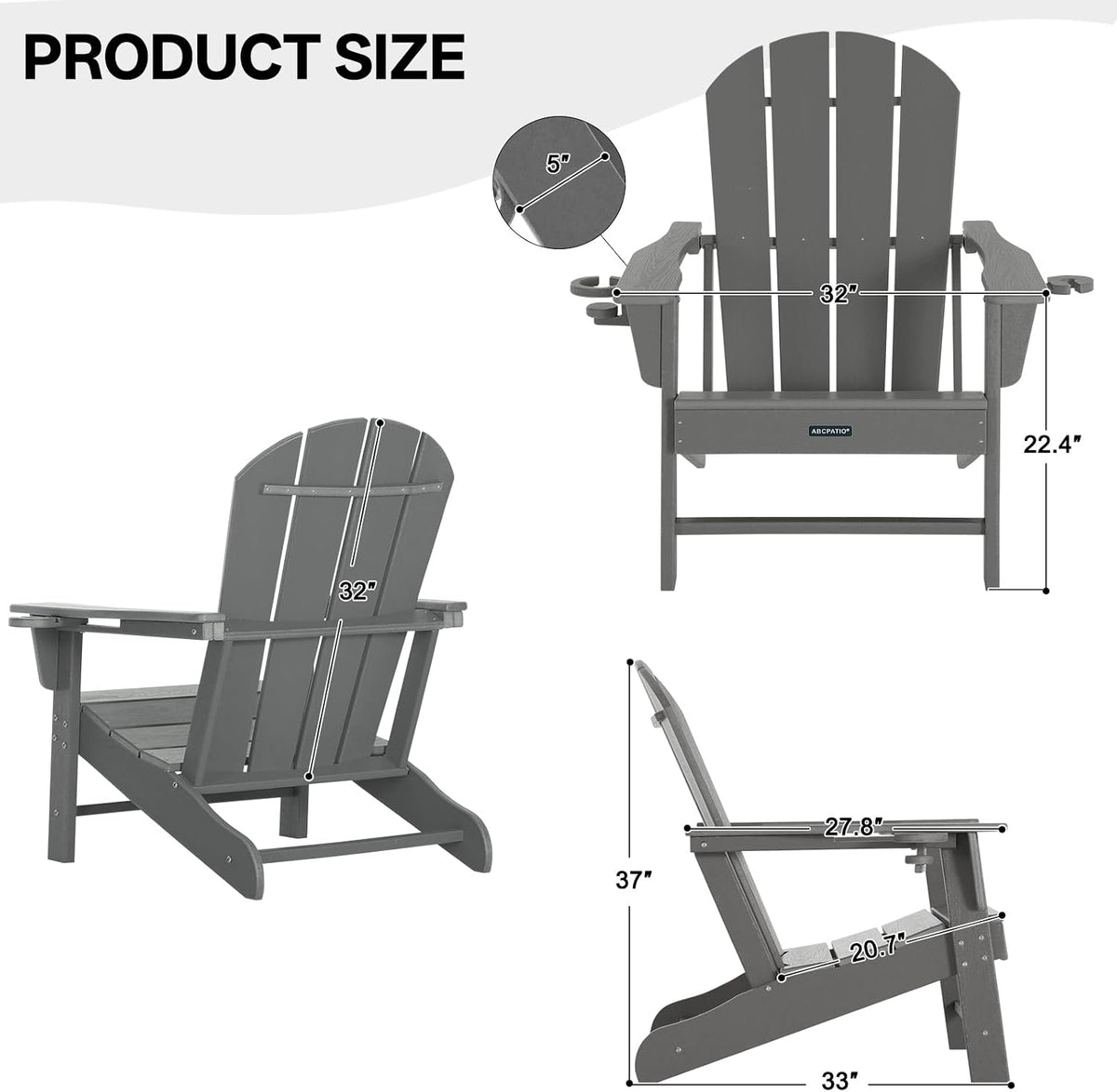 Oversized Adirondack Chair HDPE Cup Holders Heavy Duty Woodgrain Dark Gray