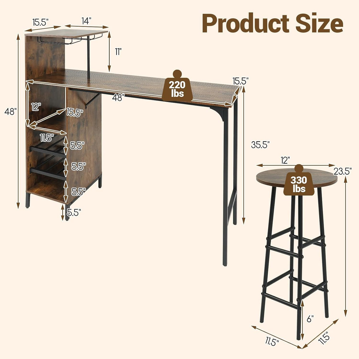 COSTWAY 3 Pieces Bar Table and Chair Set, Industrial Pub Table & Stools