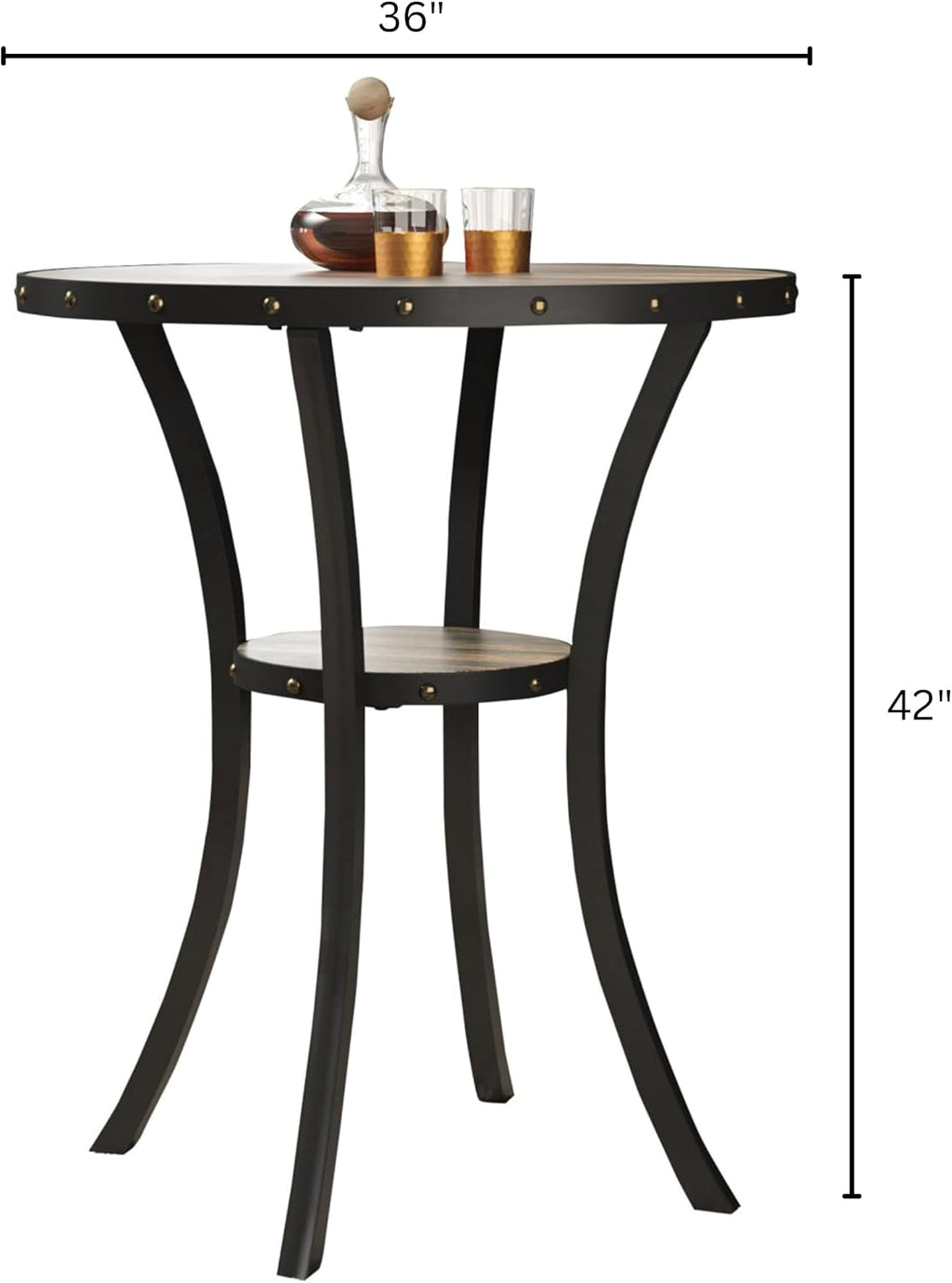 roundhill furniture biony 36" round bar table nail, close-up detail