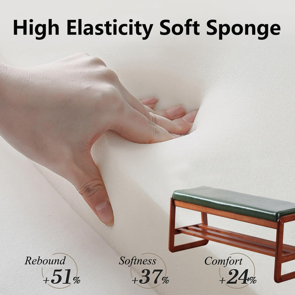 SOBIBO Solid Wood Shoe Bench, 2-Tier Wooden Entryway Bench, Modern Shoe Rack with Faux Leather Cushion for Hallway, Living Room (Green, 21.65'')