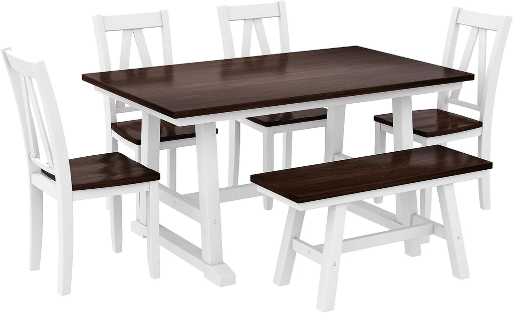 Harper & Bright Designs 6-Piece Dining Set, Farmhouse Style Wood Dining Table and 4 Dining Chairs & Long Bench, Kitchen Table Set, Walnut+White