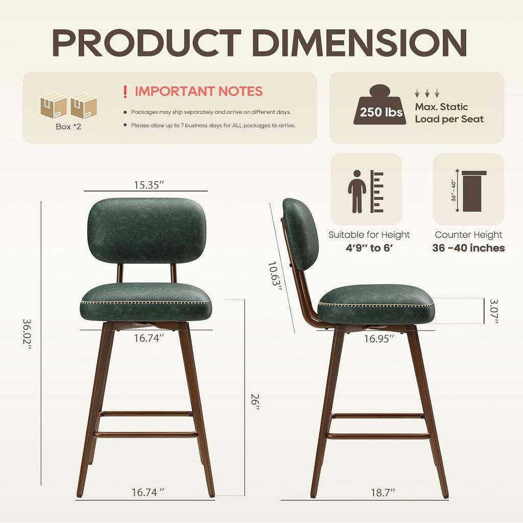 MALOL 26“ PU Leather Swivel Bar Stools Set of 4, Mid Century Counter Height Bar Chairs with Low Back and Metal Legs, Modern Bar Stool Chair for Kitchen Island, Green