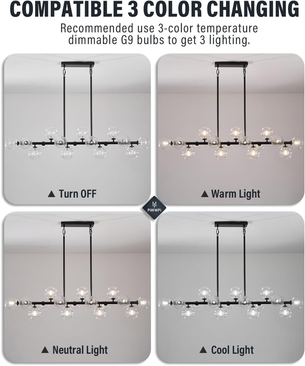 Large Linear Chandeliers for Dining Room Kitchen Island, 55" Long Light Fixture Over Table, 16-Light Modern Glass Globe Sputnik Farmhouse Chandelier, Black and Clear Bubble, GC-08