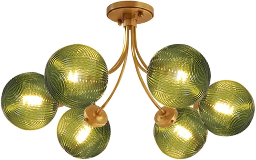Mid Century 6-Light Gold Chandelier Green Flush Mount Ceiling Light