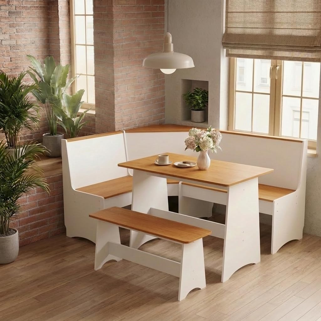 Farmhouse Breakfast Nook Table Set, Dining Nook Set with Corner Bench,with Storage Function Mid Century Modern Small Dining Table Set, Kitchen Table Corner Set (White + Natural)