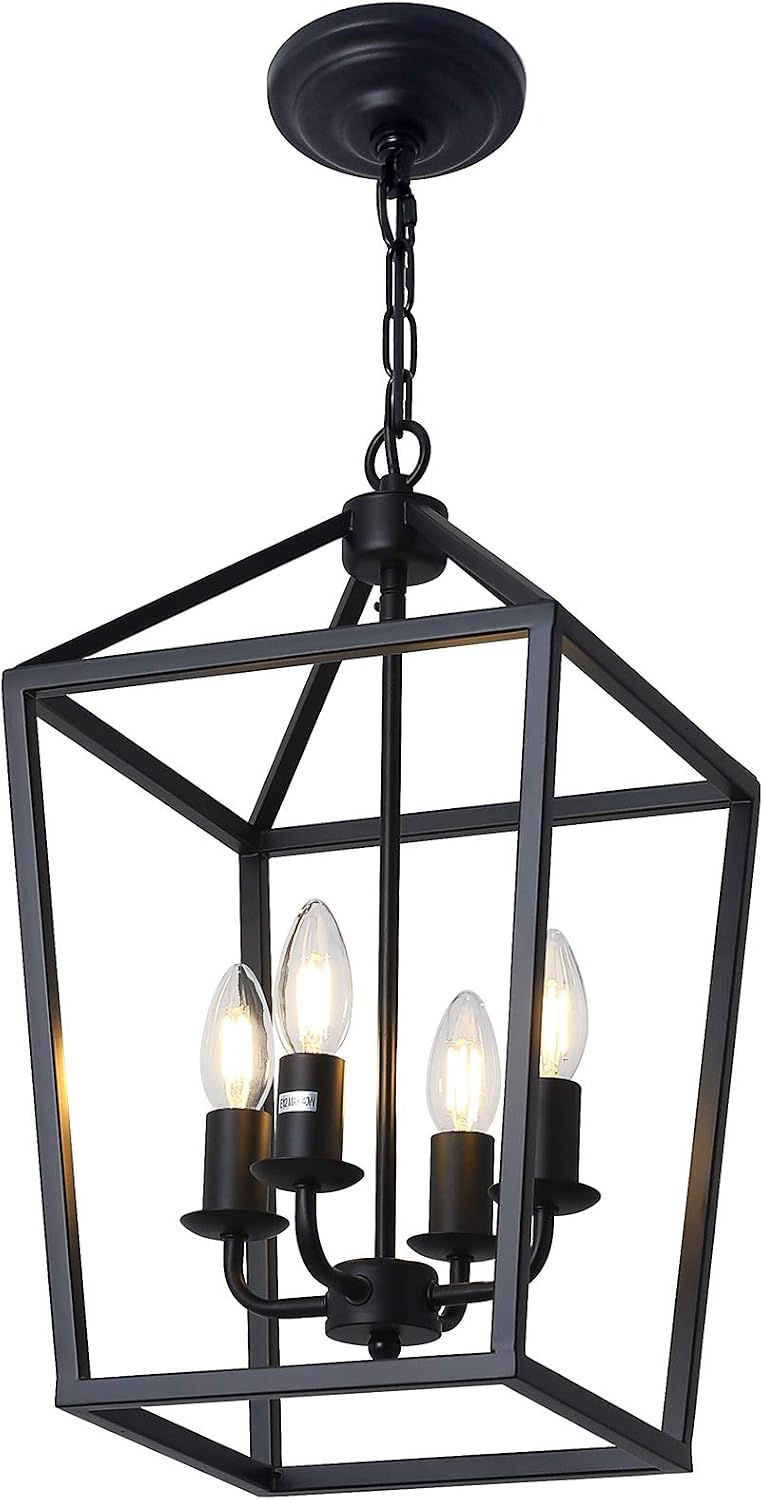 4-Light Black Farmhouse Chandelier Iron Lantern Pendant Light Rustic Cage Hanging Light Fixtures Industrial Foyer Lights for Kitchen Island Dining Room Hallway Foyer Entryway