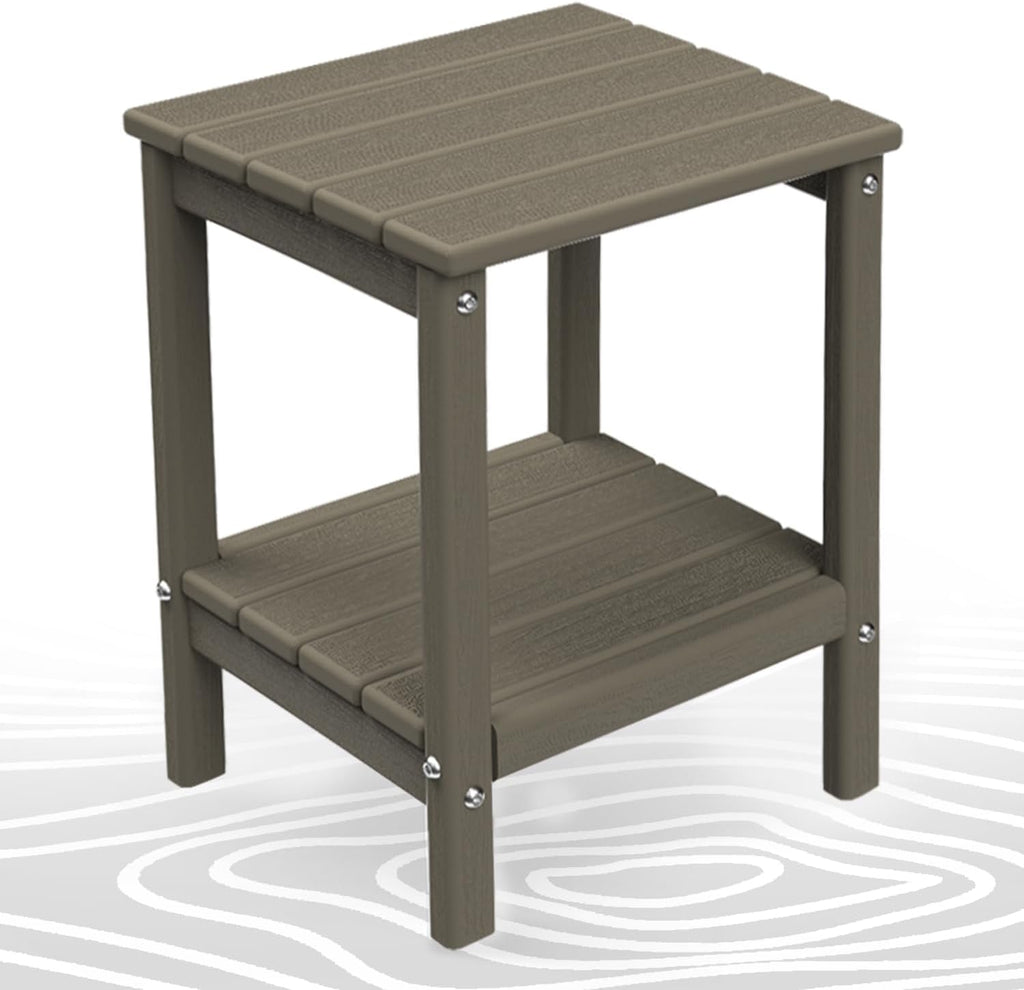 BRIOPAWS Outdoor-Side-Table | Small | Wood Grain | HDPE Plastic | Patio End-Table | 2-Shelf Adirondack Outside Tables | All Weather | for Poolside Front Porch Indoor Living Room | 14" x 13"