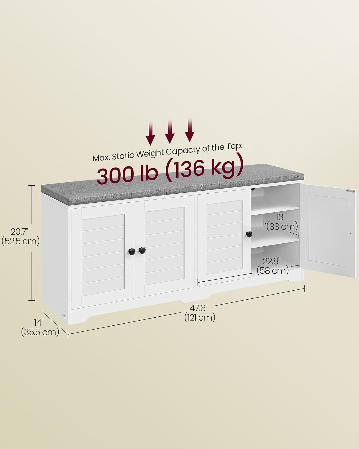 VASAGLE 3-Tier Shoe Storage Bench with Cushion, 14 x 47.6 x 20.7 Inches