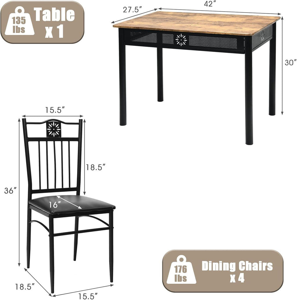 COSTWAY 5 Pieces Dining Table Set, Modern Kitchen Table Set for 4 Person, 42” Rectangular Table w/ 4 Upholstered Chairs, Bistro Table Set for Home, Coffee Shop & Restaurant (Black)