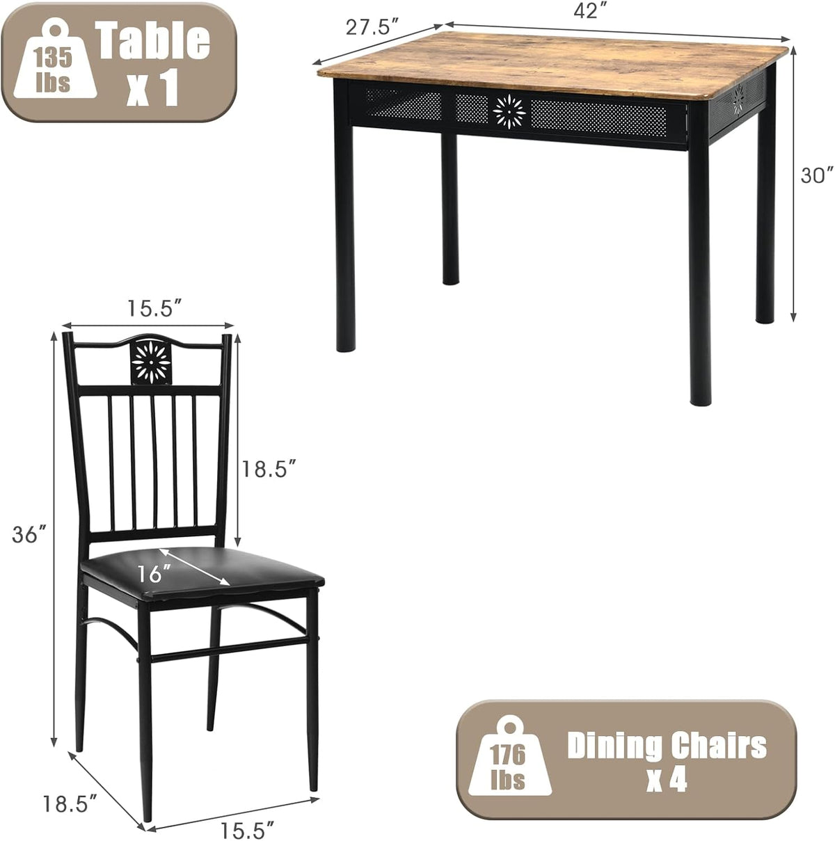 COSTWAY 5 Pieces Dining Table Set, Modern Kitchen Table Set for 4 Person, 42” Rectangular Table w/ 4 Upholstered Chairs, Bistro Table Set for Home, Coffee Shop & Restaurant (Black)