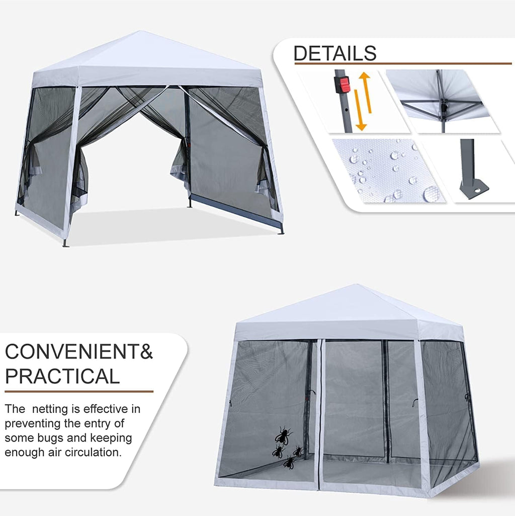 mastercanopy 11x11 slant leg gazebo canopy with netting showing dimensions