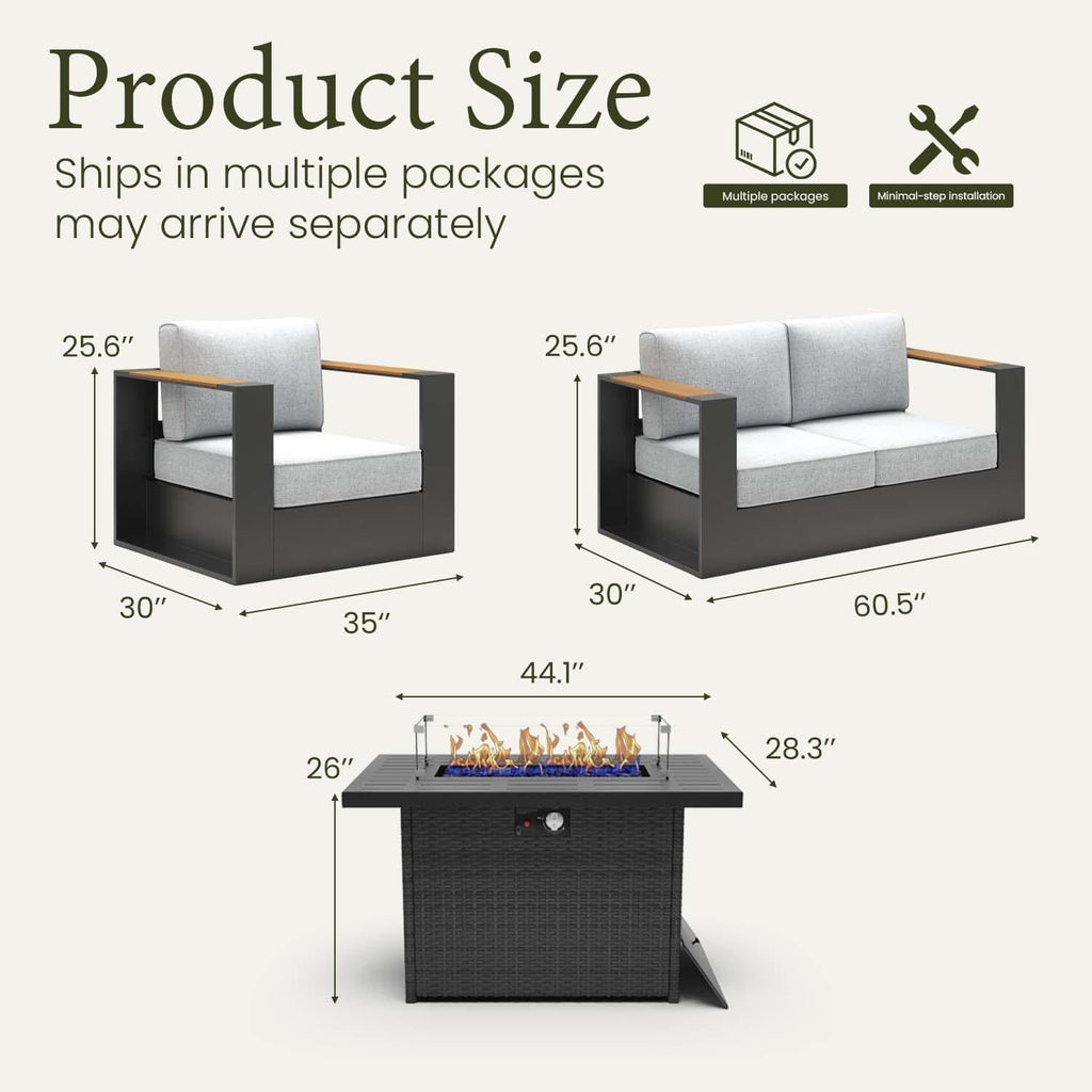 LayinSun 4 Pieces Aluminum Patio Furniture Set with Fire Pit Table