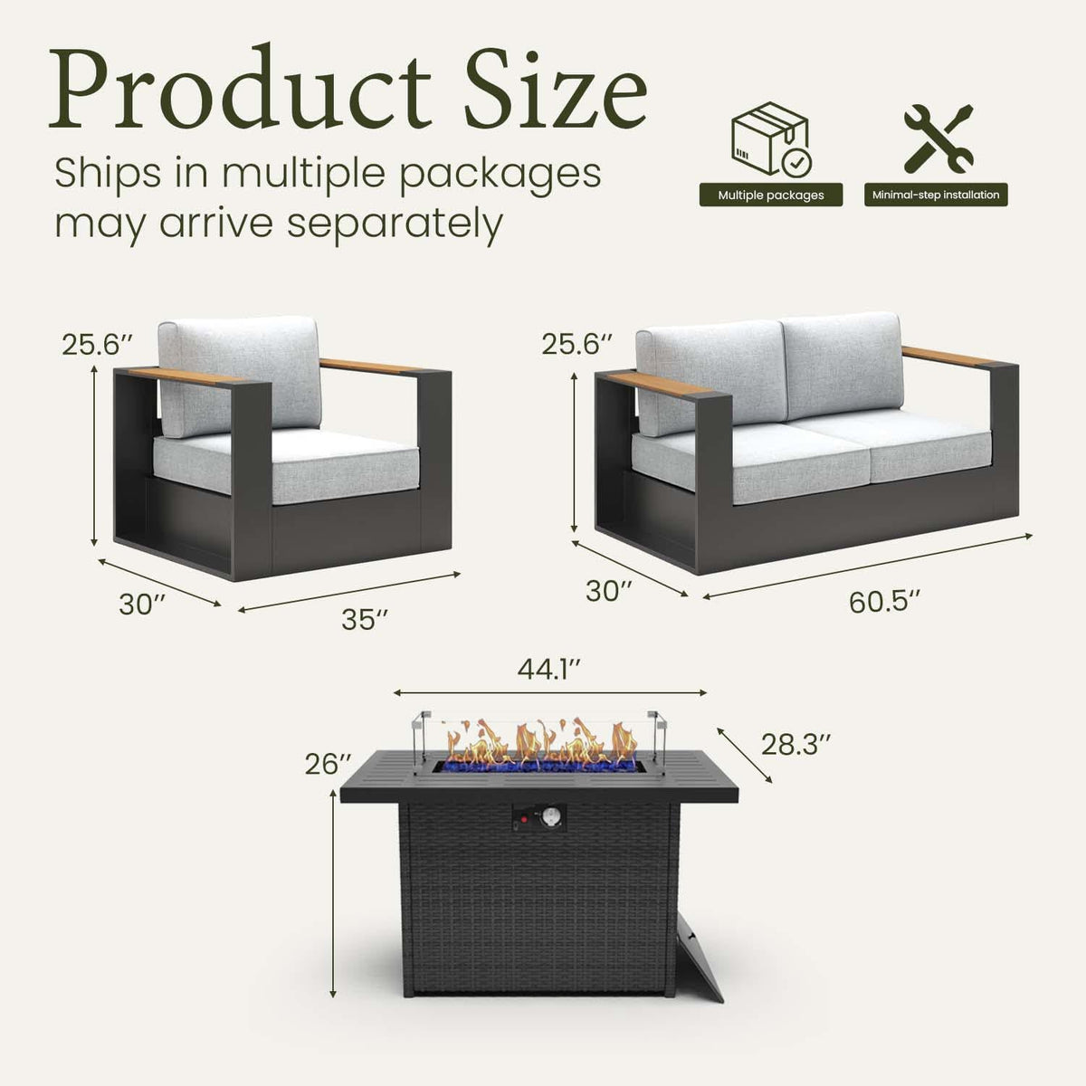 LayinSun 4 Pieces Aluminum Patio Furniture Set with Fire Pit Table