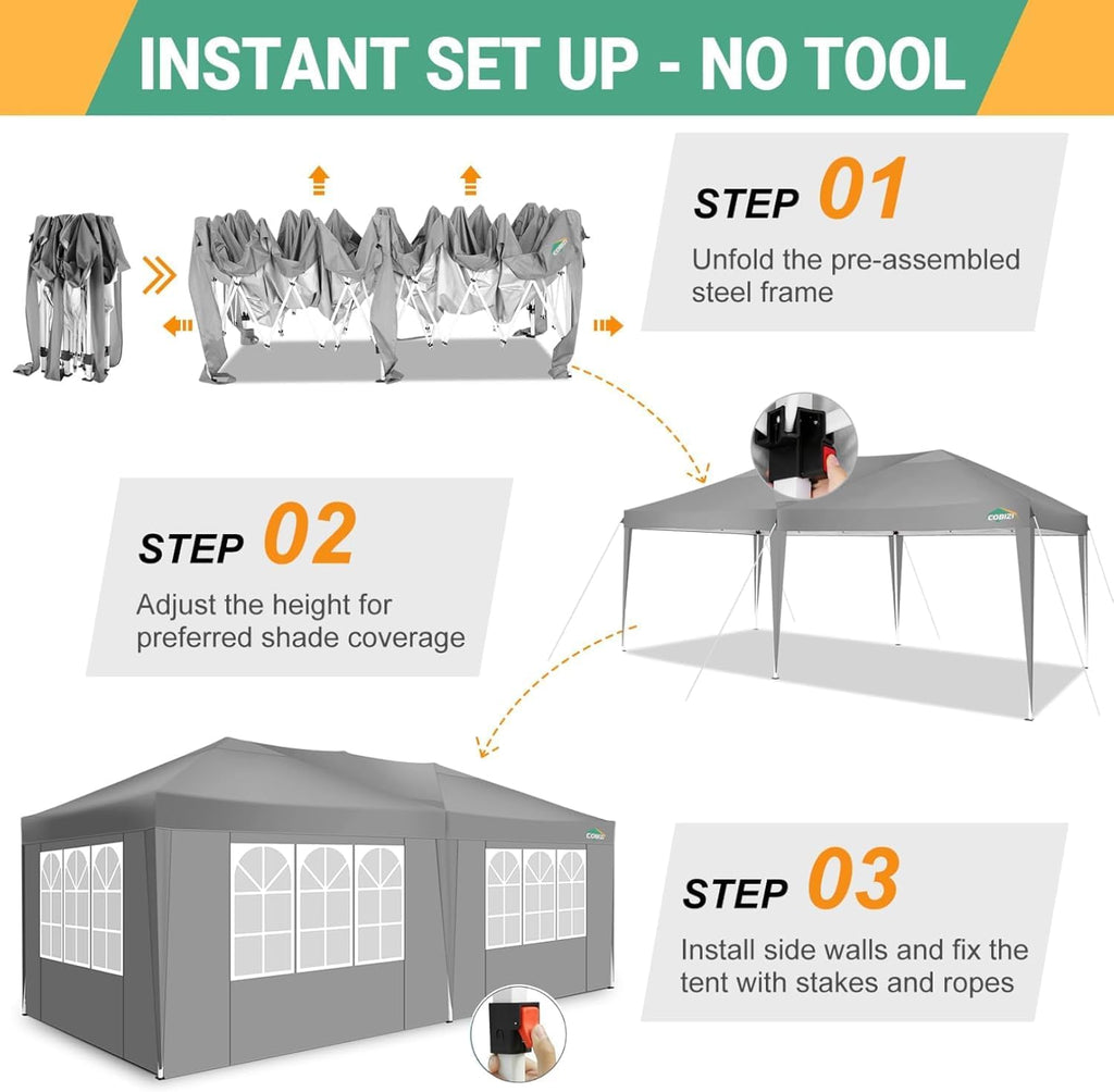 COBIZI 10x20 Pop Up Canopy with 6 Sidewalls, One Push Easy Setup, Gray