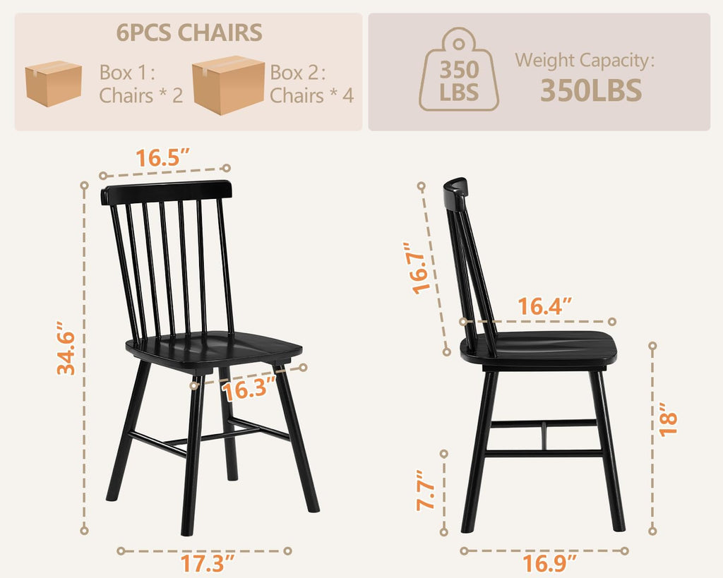 PrimeZone Windsor Dining Chairs Set of 6 with Spindle Back, Black