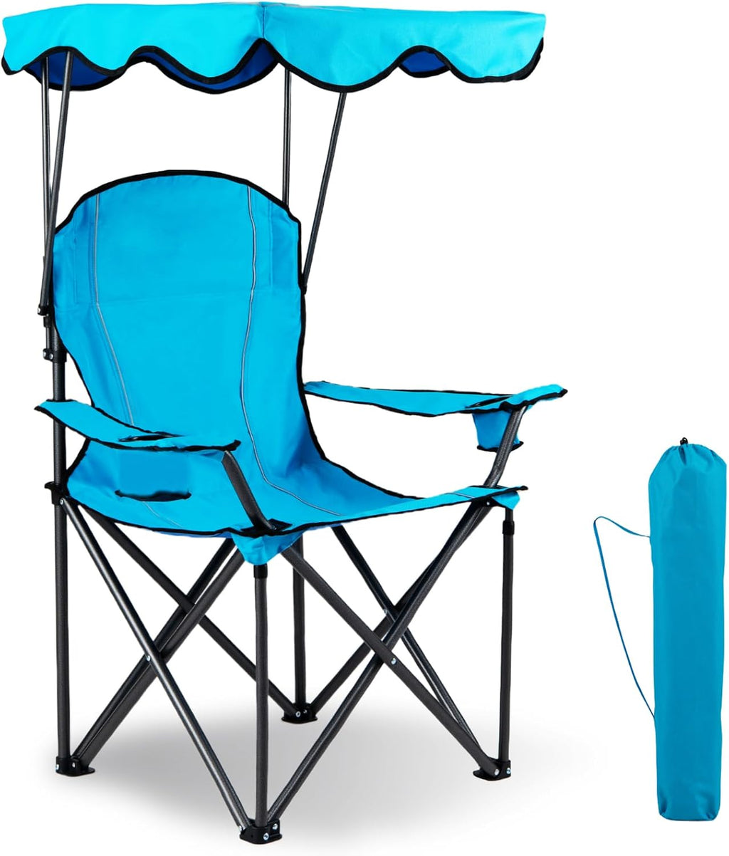 GYMAX Camping Chair, Folding Outdoor Lawn Chair with Canopy, Carry Bag & Cup Holder, Portable Heavy Duty Camp Chair for Outside Travel, Picnic, Beach Soccer Chairs
