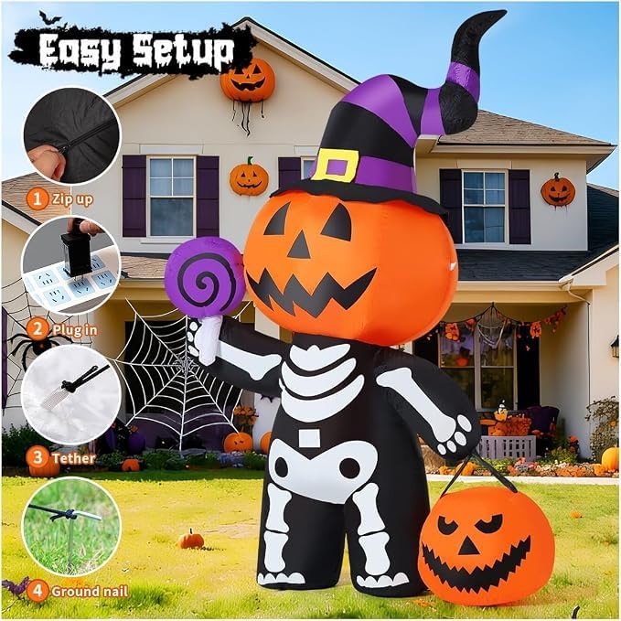 GOOSH 6 FT Halloween Inflatable Pumpkin Skull Body Outdoor Decorations Blow Up Yard Pumpkin with Built-in LEDs for Garden Lawn Party Decor