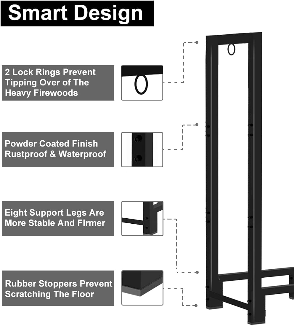 Koutemie 8Ft Outdoor Firewood Rack Holder for Fireplace Wood Storage, Adjustable Fire Log Stacker Stand, Black