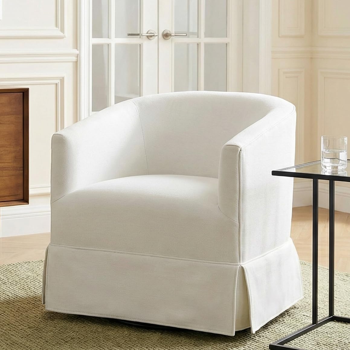 Swivel Accent Chair, Barrel Chair with Skirted Base, White