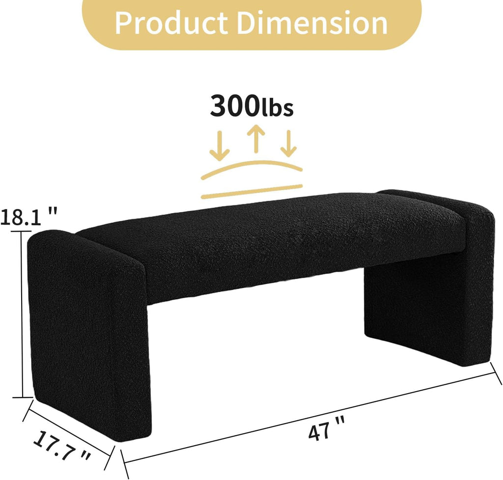 SIMTONAL Black Entryway Bench with Wood Frame, 47" Boucle Upholstered Bench