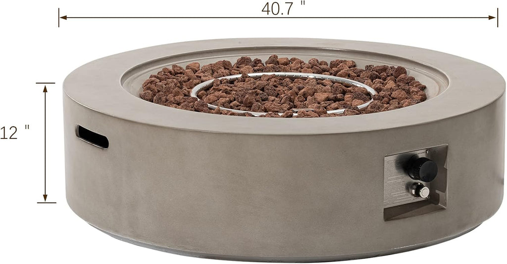 SUNBURY Outdoor 42" Fire Pit Table, 50000 BTU Gray Patio Fire Table, Concrete Round Gas Fire Table w Lava Rocks