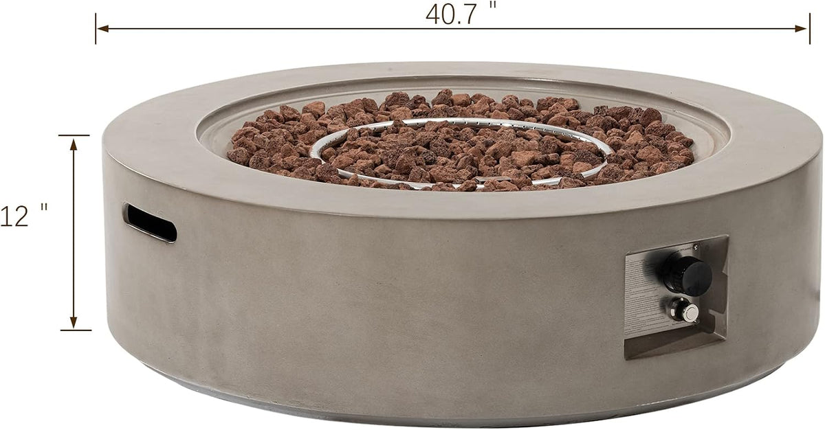 SUNBURY Outdoor 42" Fire Pit Table, 50000 BTU Gray Patio Fire Table, Concrete Round Gas Fire Table w Lava Rocks