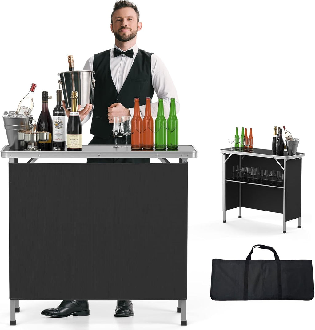 VINGLI Portable Bar Table, 2-Tier Shelves, Mobile Bar Table for Events, Party, Camping, Picnic, Tradeshow, Indoor with Black Skirt, 39 "L x 34" H