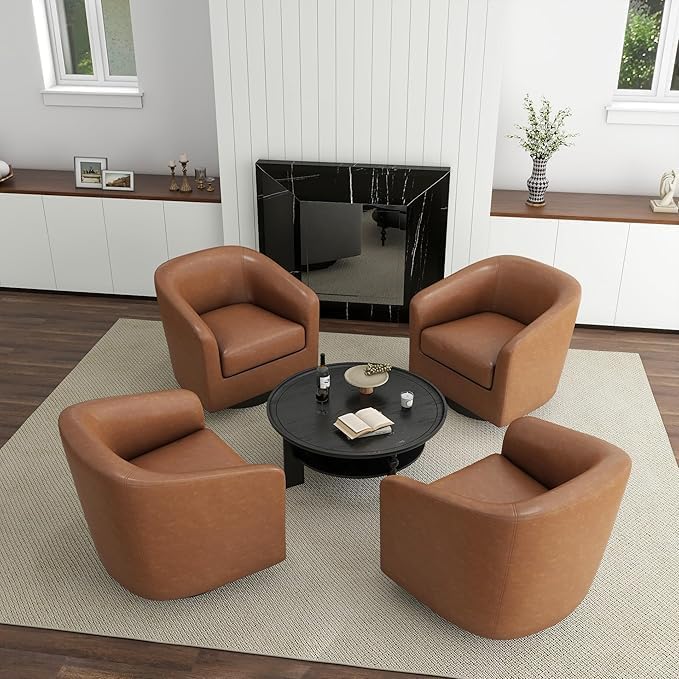 Faux Leather Swivel Accent Chairs Set of 4, Barrel Armchair, Brown