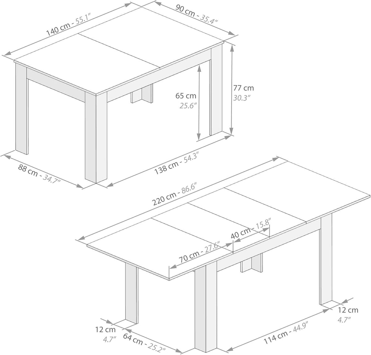 Mobili Fiver Easy Extendable Dining Table, 55.1 to 86.6 Inches, Seats 6-8, Ashwood White