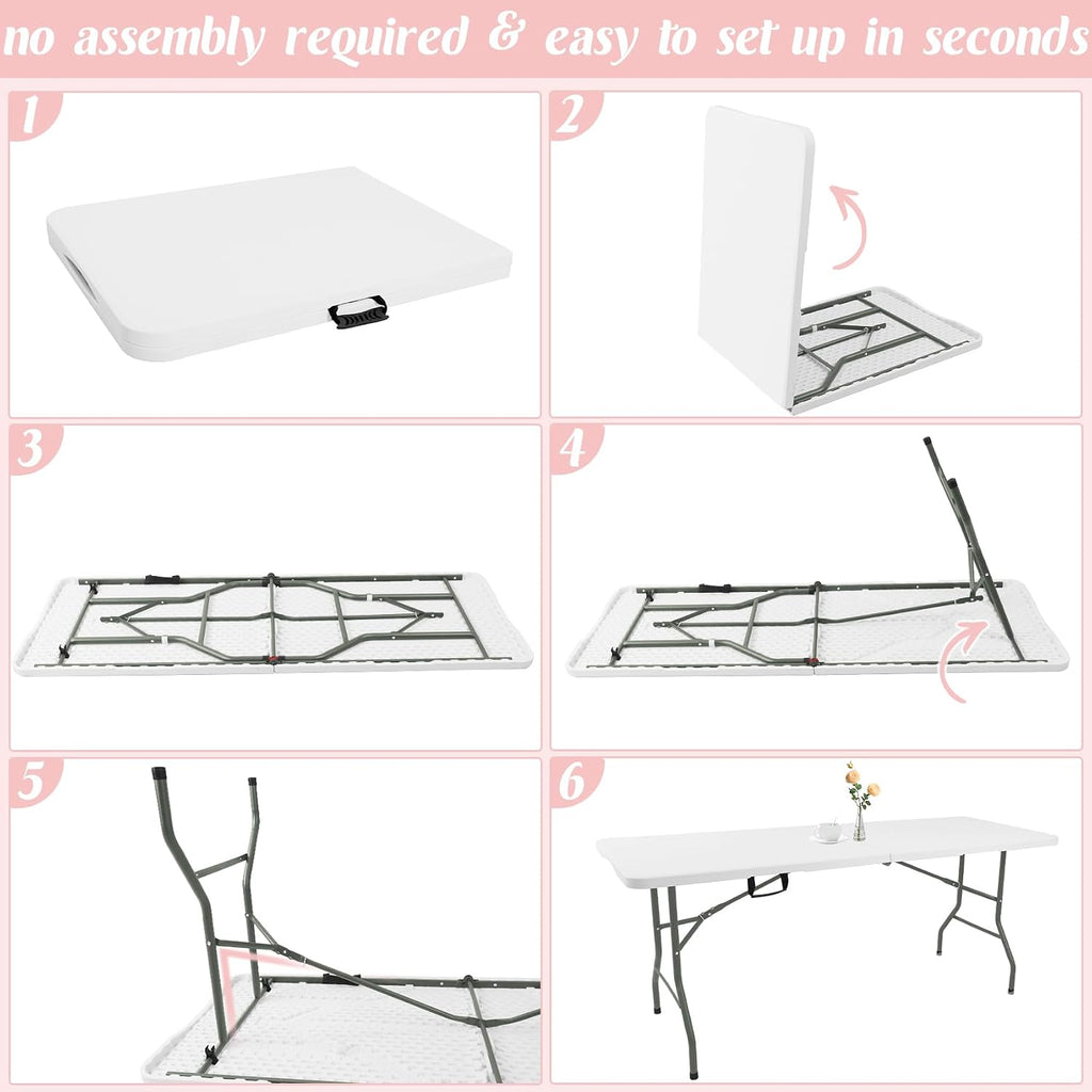 2 Pack 5 Feet Portable Folding Table White, Steel Legs Fold-in-Half with Carrying Handle Rectangular Plastic Foldable Table for Party, Wedding, Camping, Picnic, Dining, Indoor Outdoor Events (White)