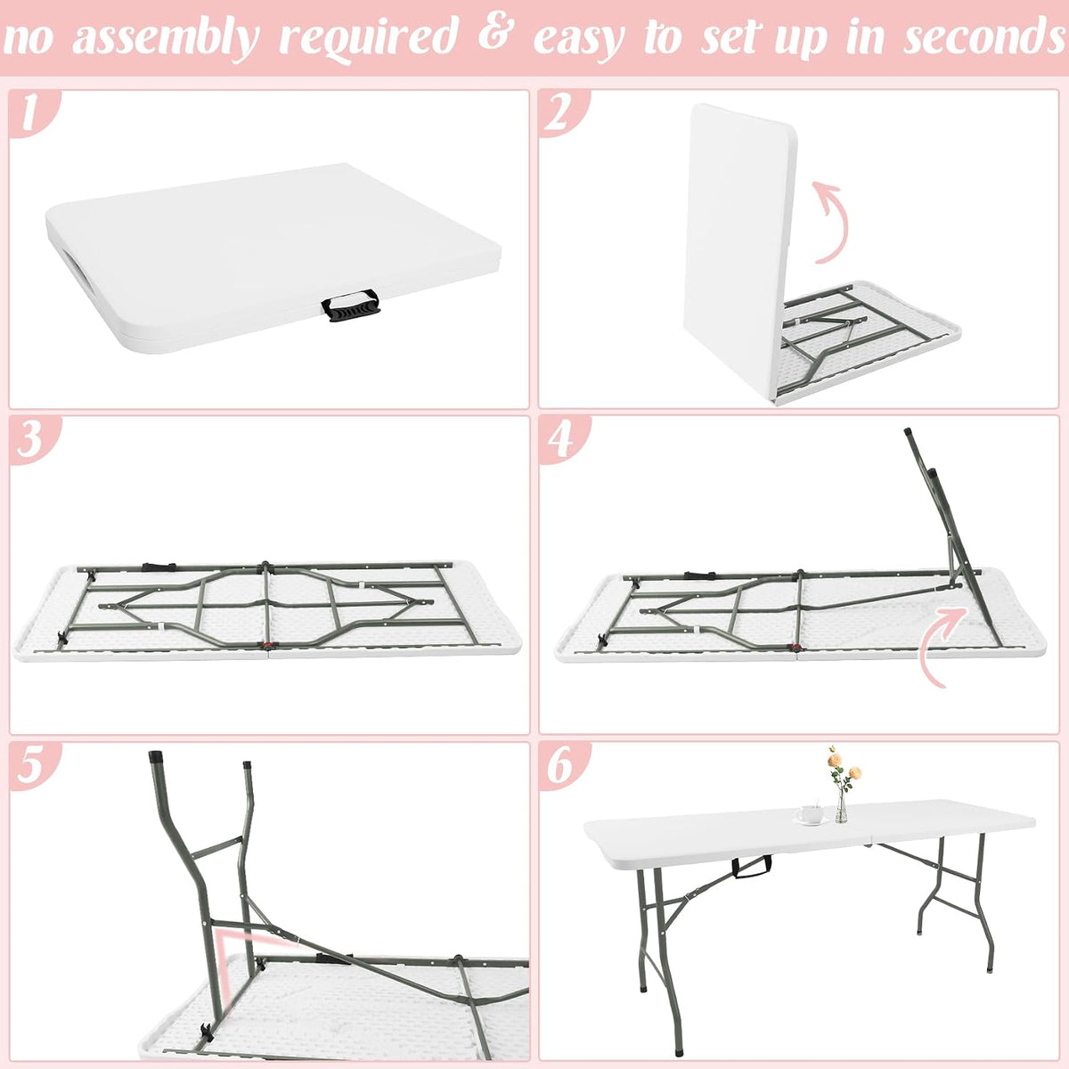 2 Pack 5 Feet Portable Folding Table White, Steel Legs Fold-in-Half with Carrying Handle Rectangular Plastic Foldable Table for Party, Wedding, Camping, Picnic, Dining, Indoor Outdoor Events (White)