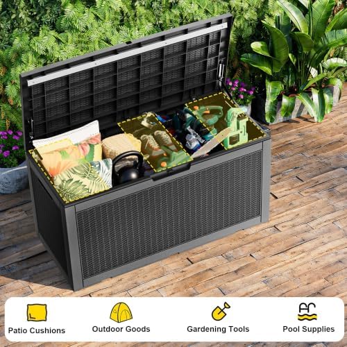 EasyUp 120 Gallon Waterproof Deck Box, Lockable Resin Outdoor Storage Box, Durable Storage Bin with Reinforced Hydraulic Rod for Patio Furniture, Garden Tools, Pool Accessories, Indoor Cushion, Black